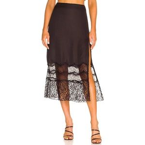 Revolve Tularosa Hailey Satin Lace Trim Midi Slip Skirt Black Size Small